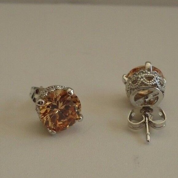 925 STERLING SILVER CHAMPAGNE STUD EARRINGS SIMULATED CHAMPAGNE DIAMONDS/8MM - Picture 7 of 10